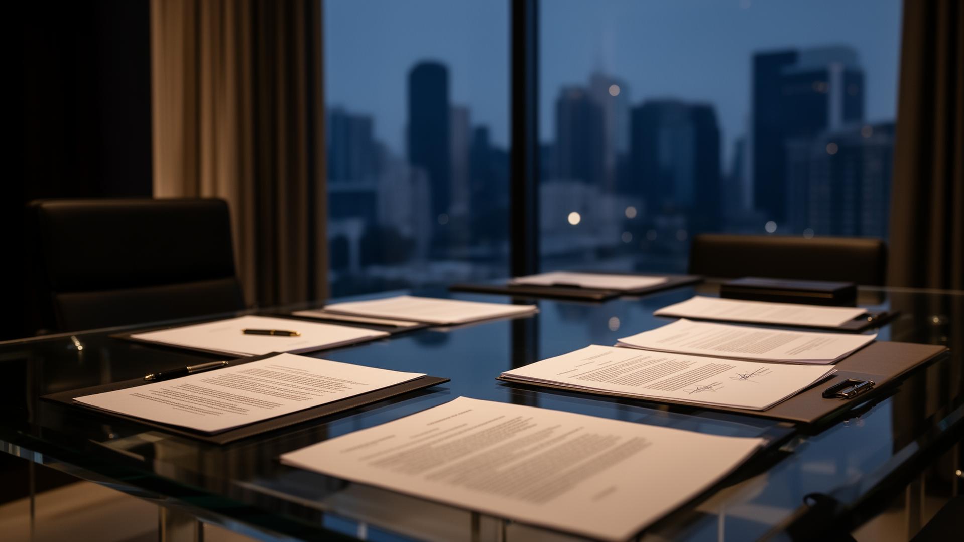 Mesa de reunião corporativa com documentos jurídicos em ambiente sofisticado